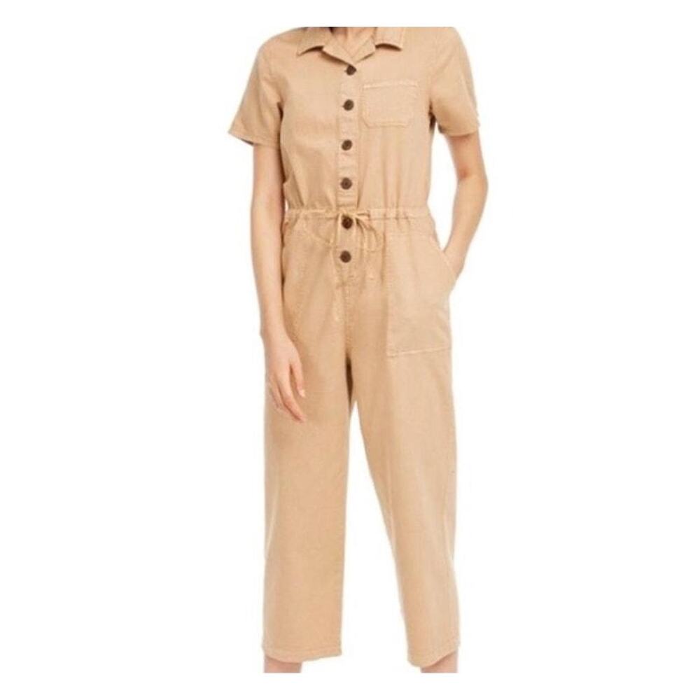 OAT New York Women SS Utility Jumpsuit Sz M Dusty Peach Cotton Tie Waist